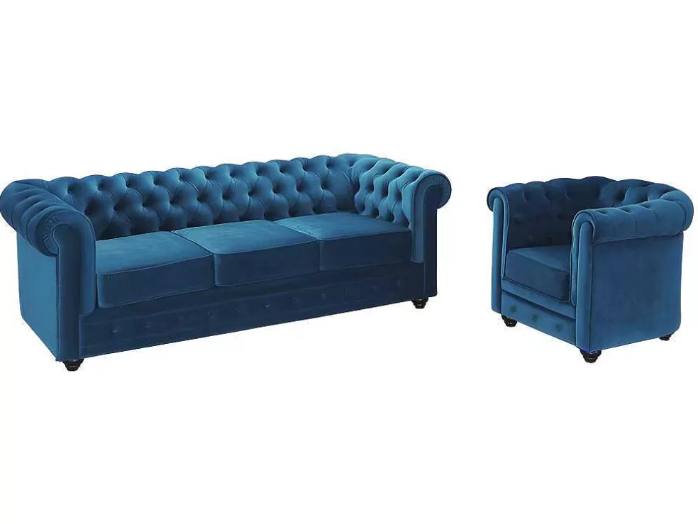 Vente-unique Sofá De 3 Lugares E Cadeirão Chesterfield - Veludo Azul Esverdeado* Conjunto Sofá E Poltrona