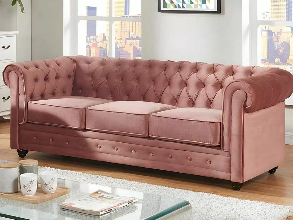 Vente-unique Sofá De 3 Lugares E Cadeirão Chesterfield - Veludo Rosa Pastel* Conjunto Sofá E Poltrona