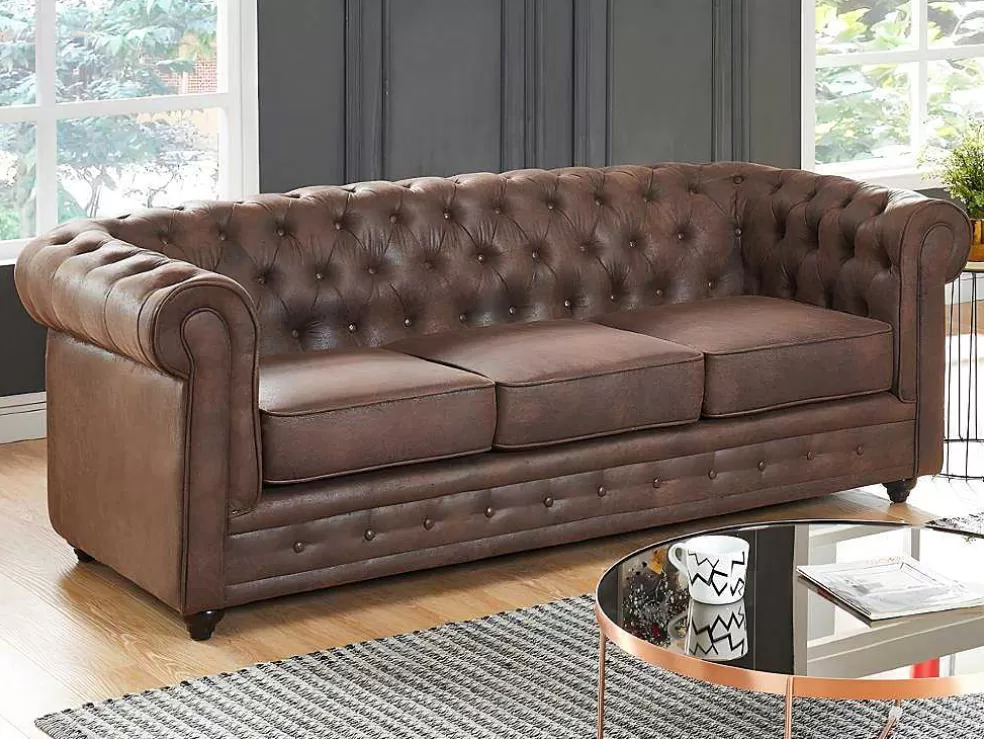 Vente-unique Sofá De 3 Lugares E Cadeirão Chesterfield Em Microfibra Com Aspeto De Pele Envelhecida* Conjunto Sofá E Poltrona
