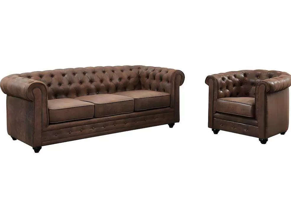 Vente-unique Sofá De 3 Lugares E Cadeirão Chesterfield Em Microfibra Com Aspeto De Pele Envelhecida* Conjunto Sofá E Poltrona