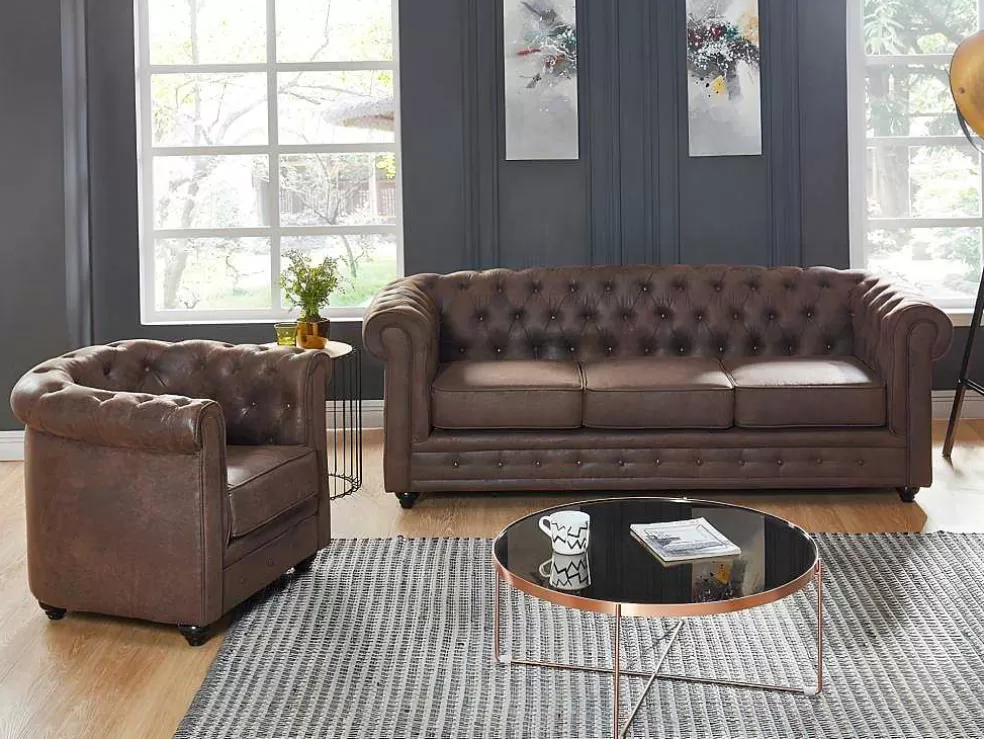 Vente-unique Sofá De 3 Lugares E Cadeirão Chesterfield Em Microfibra Com Aspeto De Pele Envelhecida* Conjunto Sofá E Poltrona