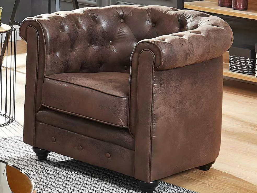 Vente-unique Sofá De 3 Lugares E Cadeirão Chesterfield Em Microfibra Com Aspeto De Pele Envelhecida* Conjunto Sofá E Poltrona