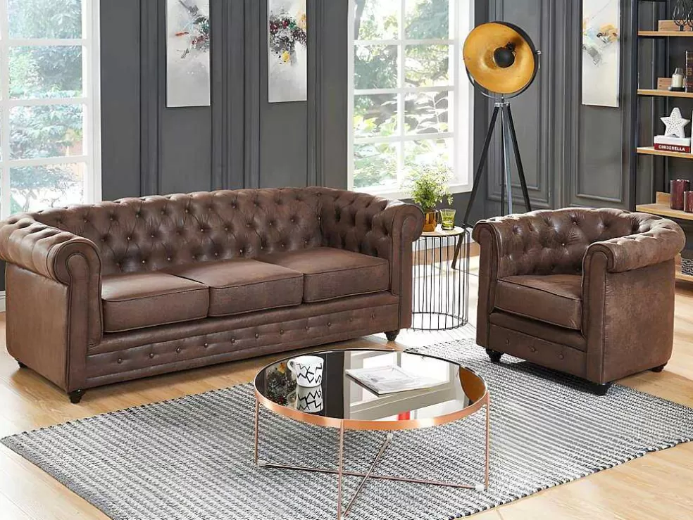 Vente-unique Sofá De 3 Lugares E Cadeirão Chesterfield Em Microfibra Com Aspeto De Pele Envelhecida* Conjunto Sofá E Poltrona