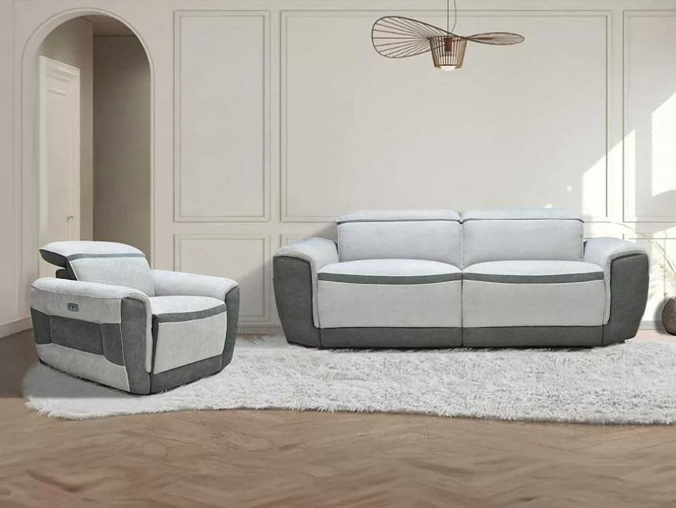 Vente-unique Sofá De 3 Lugares E Poltrona Articulados Eletricos Tecido Cinzento-Claro - Orietto* Conjunto Sofá E Poltrona