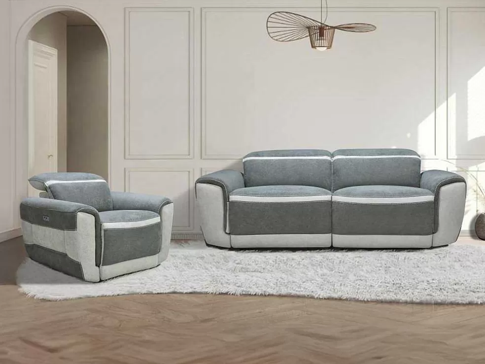 Vente-unique Sofá De 3 Lugares E Poltrona Articulados Eletricos Tecido Cinzento-Escuro - Orietto* Conjunto Sofá E Poltrona