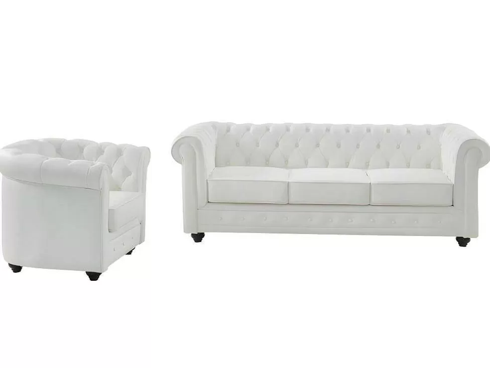Vente-unique Sofá De 3 Lugares E Poltrona Em Pele De Bufalo - Branco - Chesterfield* Conjunto Sofá E Poltrona