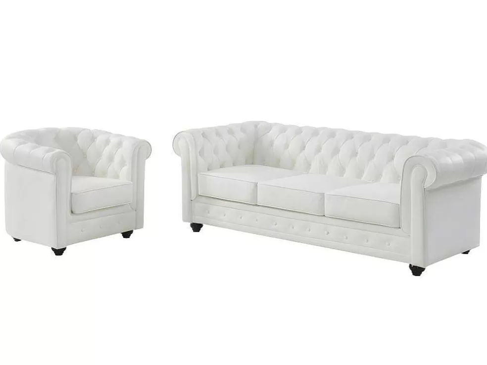 Vente-unique Sofá De 3 Lugares E Poltrona Em Pele De Bufalo - Branco - Chesterfield* Conjunto Sofá E Poltrona