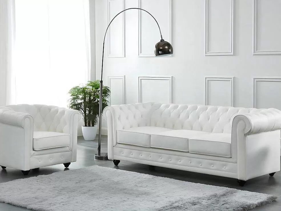 Vente-unique Sofá De 3 Lugares E Poltrona Em Pele De Bufalo - Branco - Chesterfield* Conjunto Sofá E Poltrona