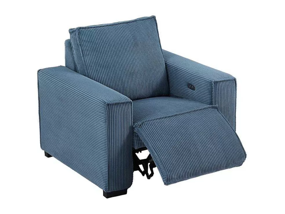 Vente-unique Sofá De 3 Lugares E Poltrona Em Veludo Canelado Azul - Amelio* Conjunto Sofá E Poltrona