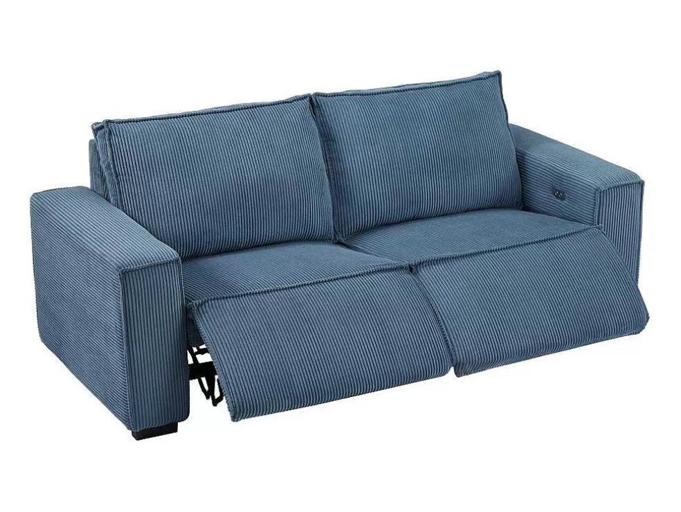 Vente-unique Sofá De 3 Lugares E Poltrona Em Veludo Canelado Azul - Amelio* Conjunto Sofá E Poltrona