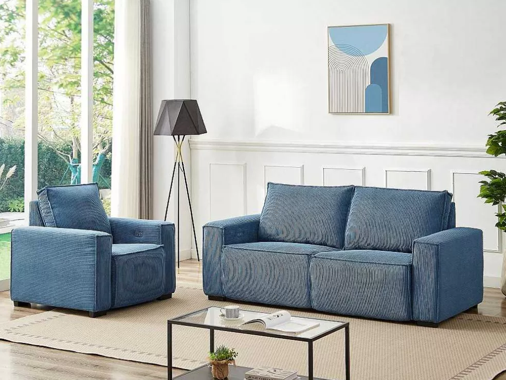 Vente-unique Sofá De 3 Lugares E Poltrona Em Veludo Canelado Azul - Amelio* Conjunto Sofá E Poltrona