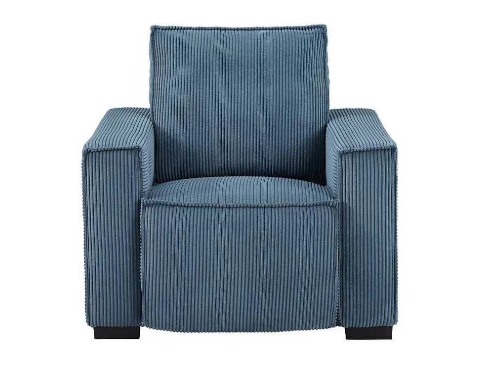 Vente-unique Sofá De 3 Lugares E Poltrona Em Veludo Canelado Azul - Amelio* Conjunto Sofá E Poltrona
