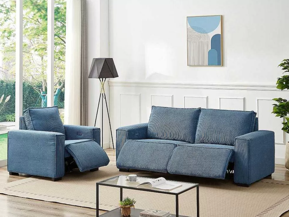 Vente-unique Sofá De 3 Lugares E Poltrona Em Veludo Canelado Azul - Amelio* Conjunto Sofá E Poltrona