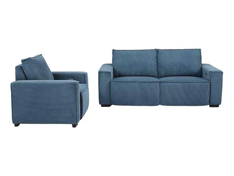 Vente-unique Sofá De 3 Lugares E Poltrona Em Veludo Canelado Azul - Amelio* Conjunto Sofá E Poltrona