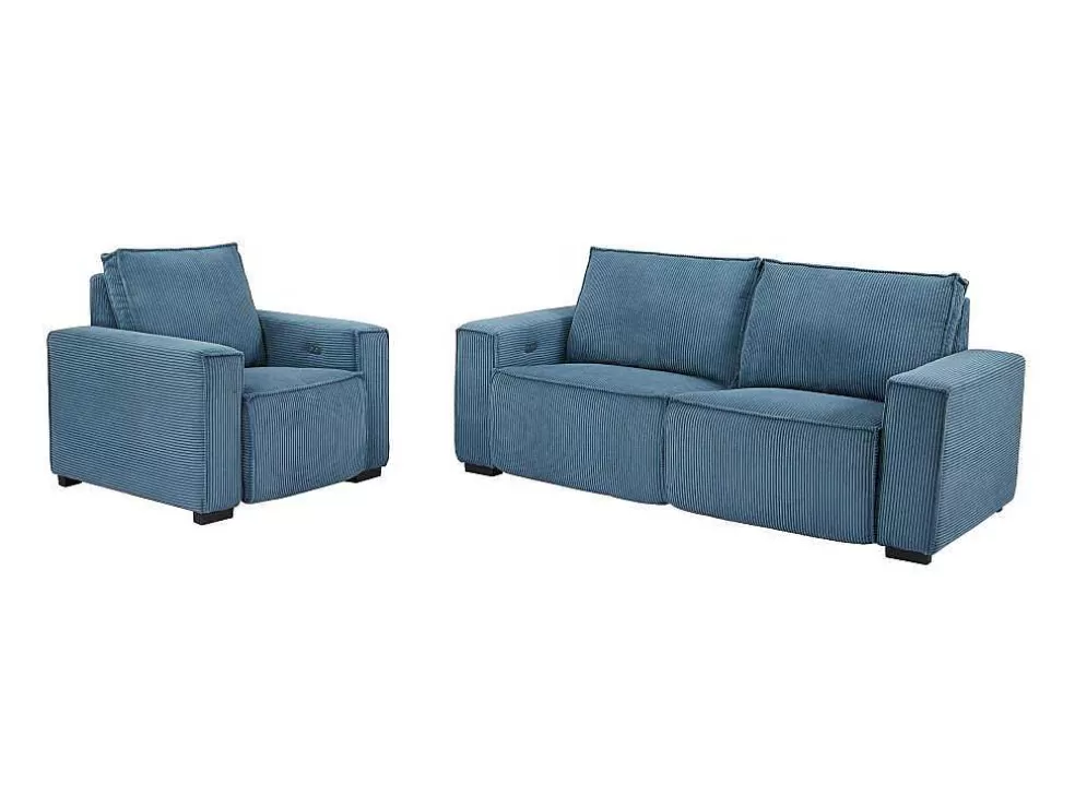 Vente-unique Sofá De 3 Lugares E Poltrona Em Veludo Canelado Azul - Amelio* Conjunto Sofá E Poltrona