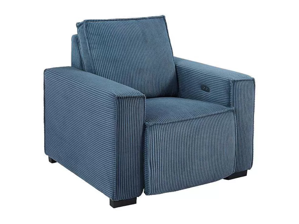Vente-unique Sofá De 3 Lugares E Poltrona Em Veludo Canelado Azul - Amelio* Conjunto Sofá E Poltrona