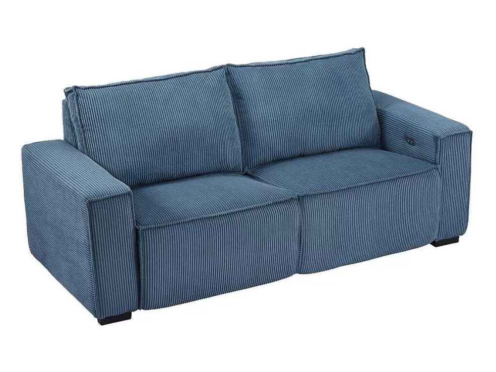 Vente-unique Sofá De 3 Lugares E Poltrona Em Veludo Canelado Azul - Amelio* Conjunto Sofá E Poltrona