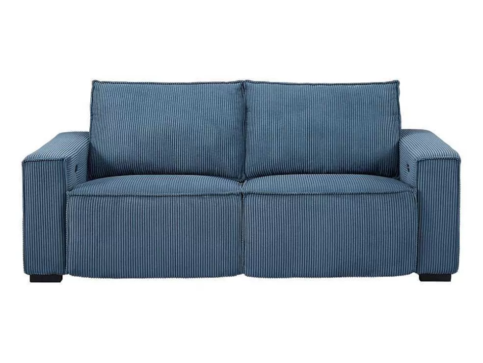 Vente-unique Sofá De 3 Lugares E Poltrona Em Veludo Canelado Azul - Amelio* Conjunto Sofá E Poltrona