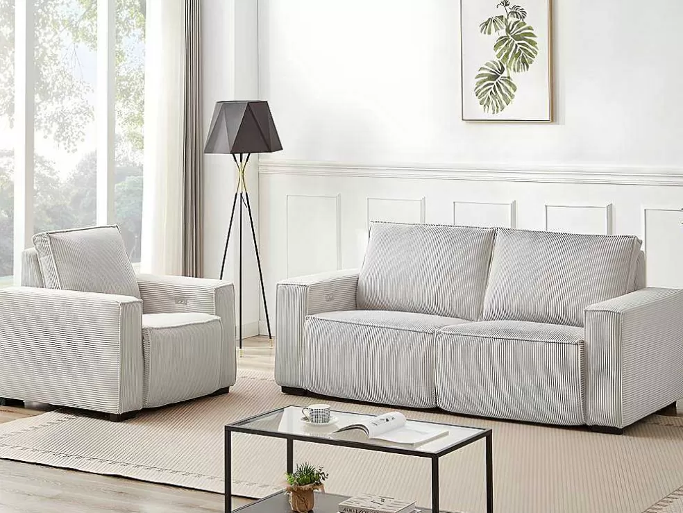 Vente-unique Sofá De 3 Lugares E Poltrona Em Veludo Canelado Bege - Amelio* Conjunto Sofá E Poltrona