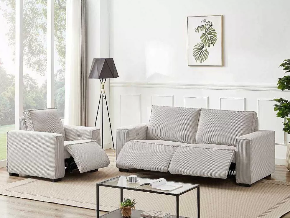 Vente-unique Sofá De 3 Lugares E Poltrona Em Veludo Canelado Bege - Amelio* Conjunto Sofá E Poltrona