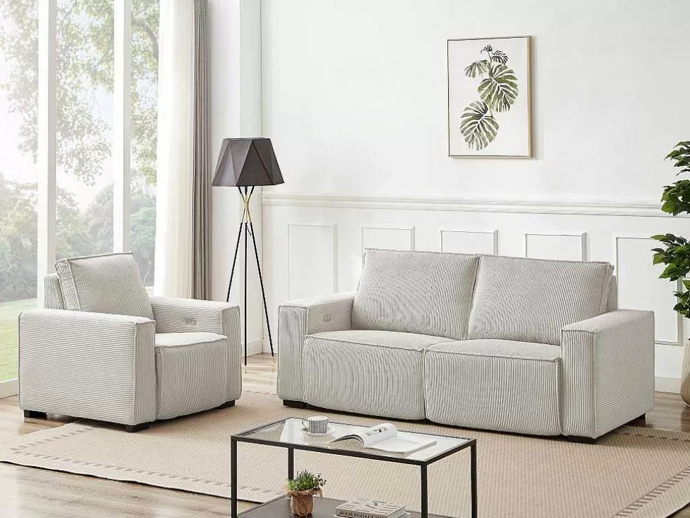 Vente-unique Sofá De 3 Lugares E Poltrona Em Veludo Canelado Bege - Amelio* Conjunto Sofá E Poltrona