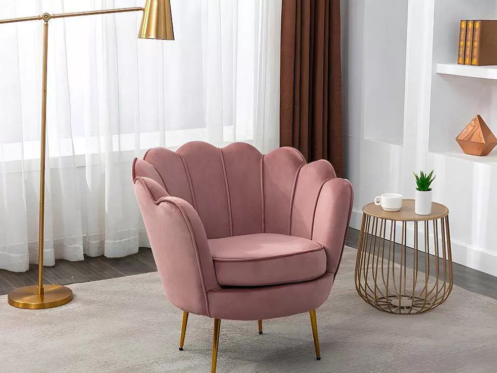 Vente-unique Sofá De 2 Lugares E Poltrona Forma De Concha Veludo Cor-De-Rosa - Dandelion* Conjunto Sofá E Poltrona