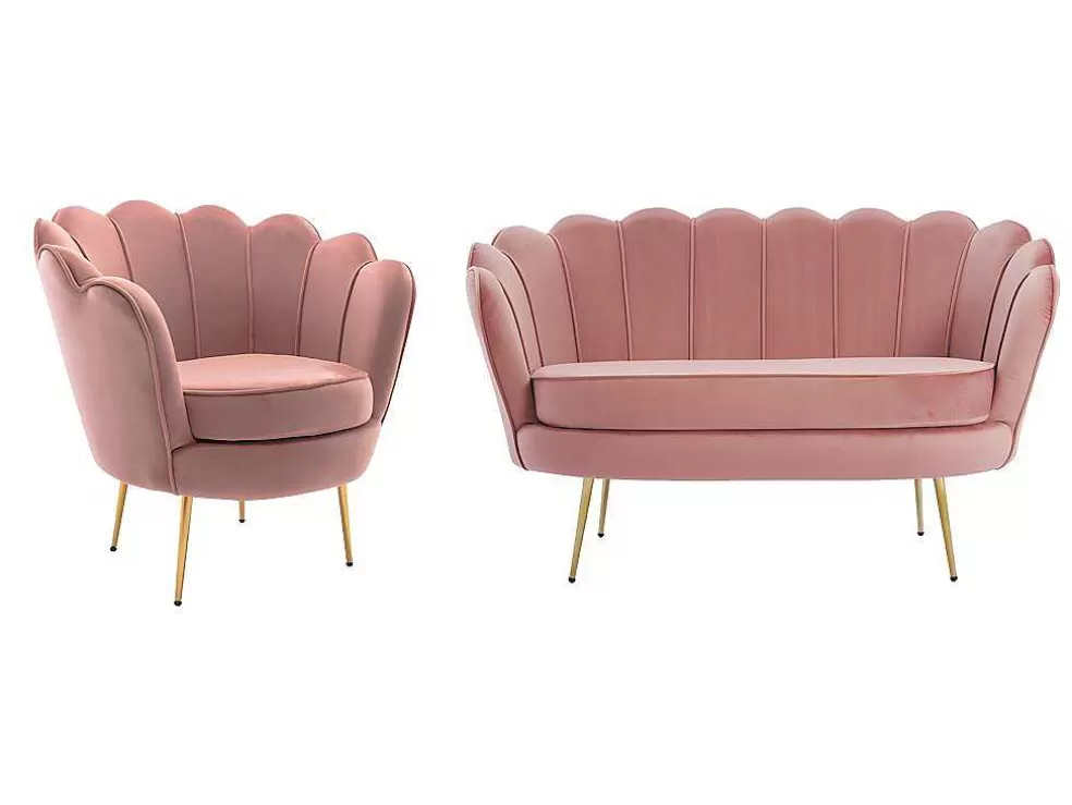 Vente-unique Sofá De 2 Lugares E Poltrona Forma De Concha Veludo Cor-De-Rosa - Dandelion* Conjunto Sofá E Poltrona