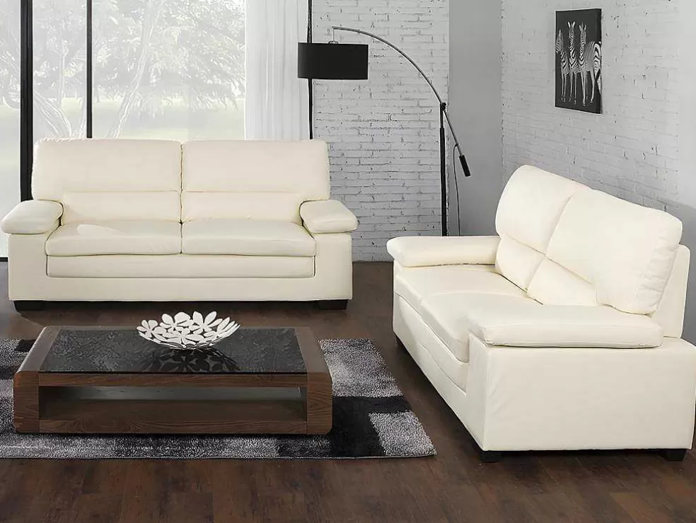 Vente-unique Sofá De 3+2 Lugares Em Pele De Bufalo Cor Marfim - Mimas Ii* Conjunto De Sofá
