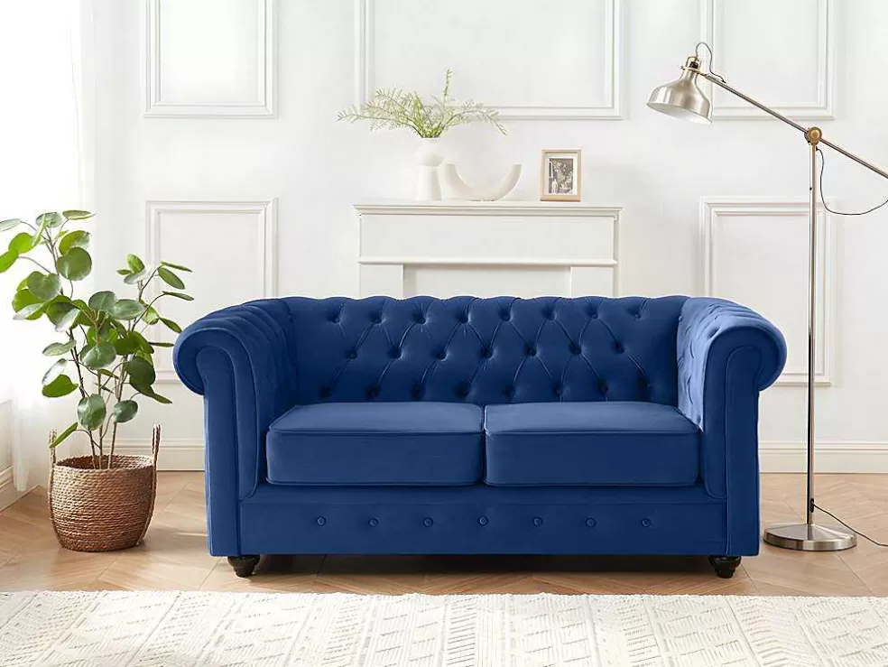 Vente-unique Sofá De 3+2+1 Lugares Em Veludo Cor Azul Real - Chesterfield* Conjunto Sofá E Poltrona