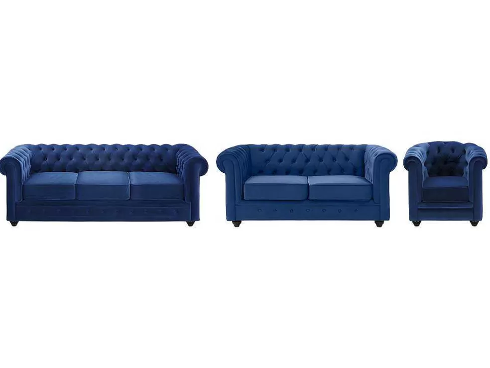 Vente-unique Sofá De 3+2+1 Lugares Em Veludo Cor Azul Real - Chesterfield* Conjunto Sofá E Poltrona