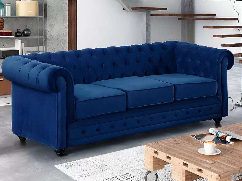 Vente-unique Sofá De 3+2+1 Lugares Em Veludo Cor Azul Real - Chesterfield* Conjunto Sofá E Poltrona