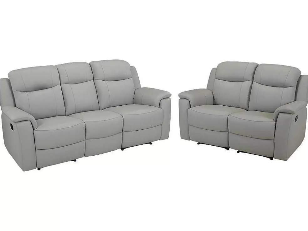 Vente-unique Sofá De 3+2 Lugares Relax Com Mesa De Bar Em Pele Cinza Claro - Evasion* Conjunto De Sofá