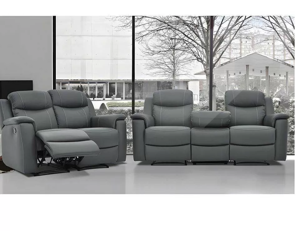 Vente-unique Sofá De 3+2 Lugares Relax Com Mesinha De Bar Em Pele Cinza - Evasion* Conjunto De Sofá