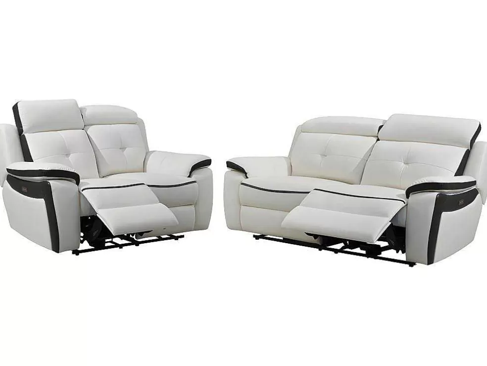 Vente-unique Sofá De 3+2 Lugares Relax Eletrico Em Pele Branco E Antracite - Angelique* Conjunto De Sofá