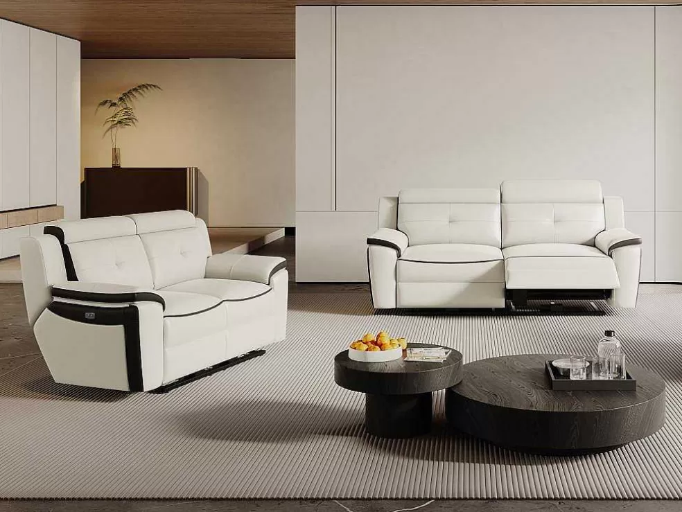 Vente-unique Sofá De 3+2 Lugares Relax Eletrico Em Pele Branco E Antracite - Angelique* Conjunto De Sofá