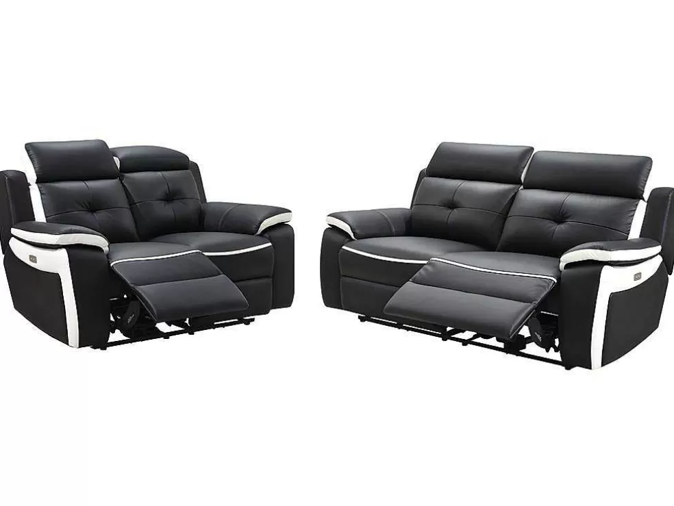 Vente-unique Sofá De 3+2 Lugares Relax Eletrico Em Pele Preto E Branco - Angelique* Conjunto De Sofá