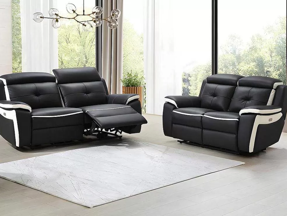 Vente-unique Sofá De 3+2 Lugares Relax Eletrico Em Pele Preto E Branco - Angelique* Conjunto De Sofá