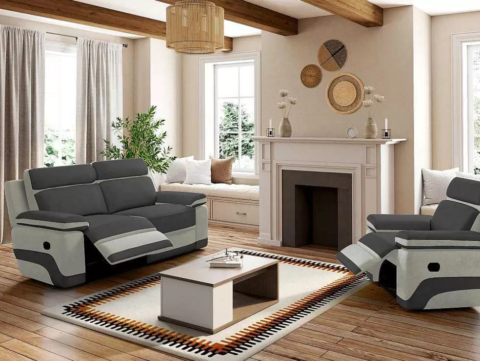 Vente-unique Sofá De 3 Lugares Relax Em Microfibra Antracite E Cinzento-Claro - Talca* Sofá De Relaxamento Manual