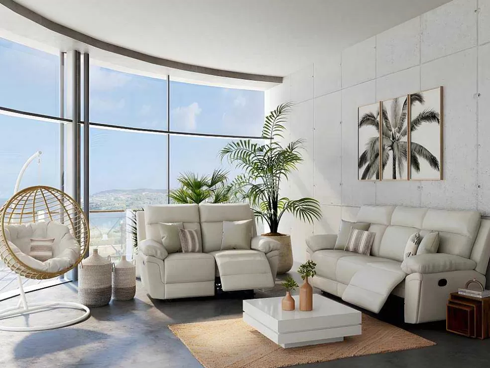 Vente-unique Sofá De 3+2 Lugares Relax Em Pele De Bufalo Marfim - Pakita* Conjunto De Sofá