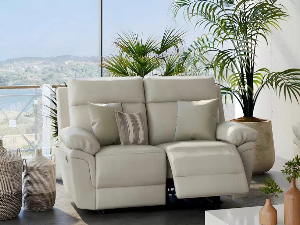 Vente-unique Sofá De 2 Lugares Relax Em Pele De Bufalo Marfim - Pakita* Sofá De Relaxamento Manual