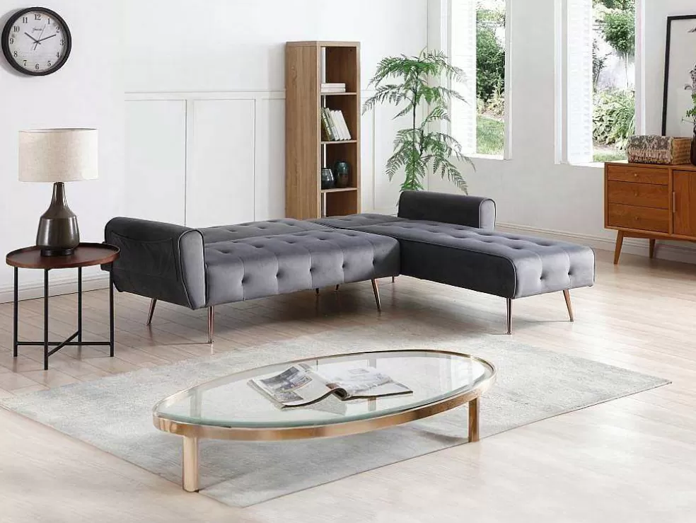 Vente-unique Sofá De Canto Convertivel E Reversivel Em Veludo Antracite - Polani* Sofá Cama Clic-Clac E Dobravel