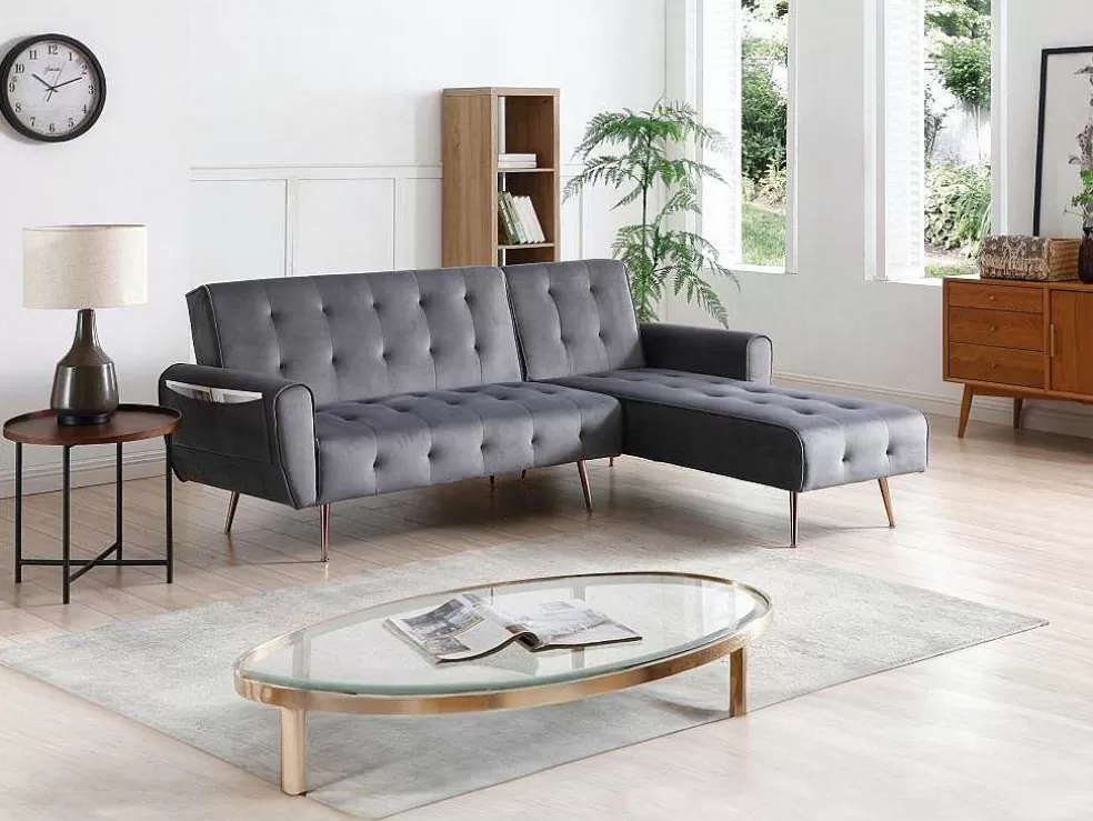 Vente-unique Sofá De Canto Convertivel E Reversivel Em Veludo Antracite - Polani* Sofá Cama Clic-Clac E Dobravel
