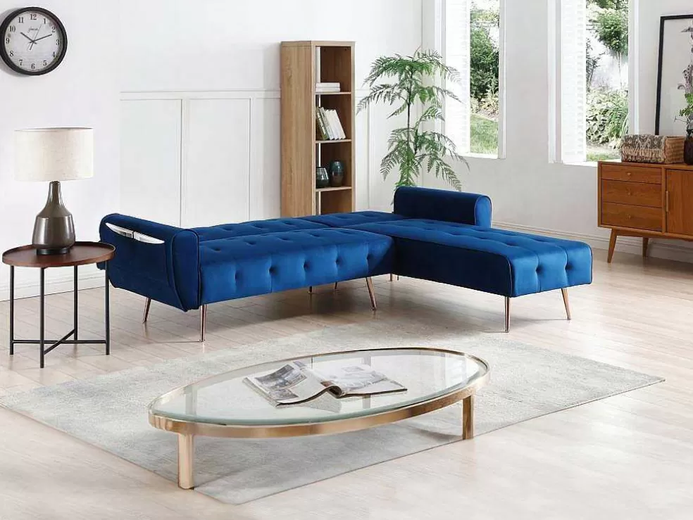 Vente-unique Sofá De Canto Convertivel E Reversivel Em Veludo Azul-Escuro - Polani* Sofá De Canto