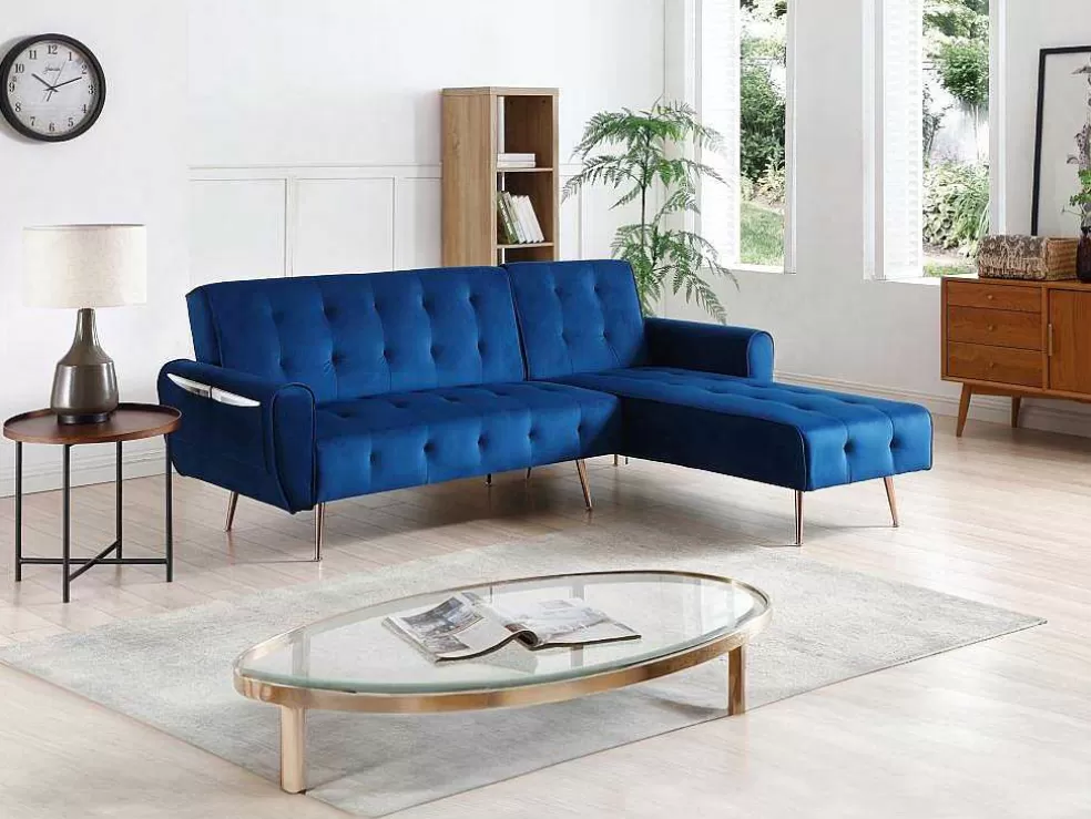 Vente-unique Sofá De Canto Convertivel E Reversivel Em Veludo Azul-Escuro - Polani* Sofá De Canto