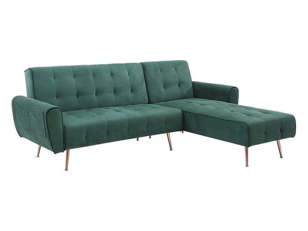 Vente-unique Sofá De Canto Convertivel E Reversivel Em Veludo Verde Pinho - Polani* Sofá Cama Clic-Clac E Dobravel