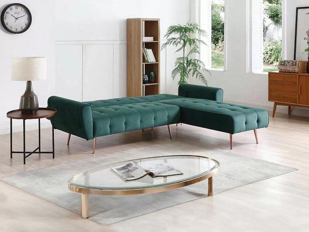 Vente-unique Sofá De Canto Convertivel E Reversivel Em Veludo Verde Pinho - Polani* Sofá Cama Clic-Clac E Dobravel