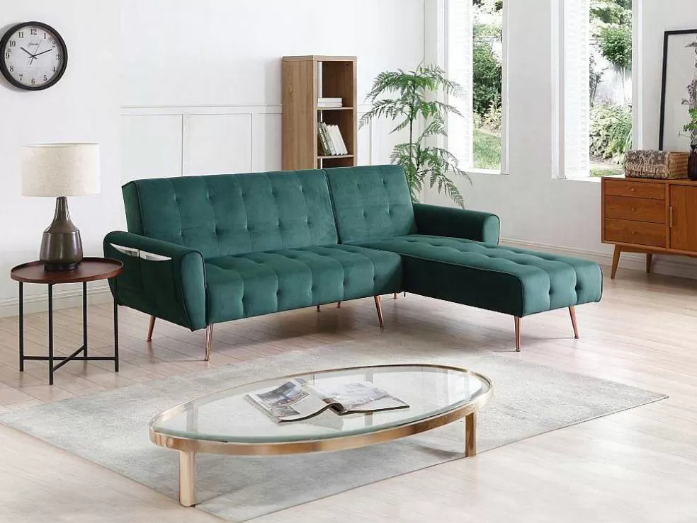 Vente-unique Sofá De Canto Convertivel E Reversivel Em Veludo Verde Pinho - Polani* Sofá Cama Clic-Clac E Dobravel