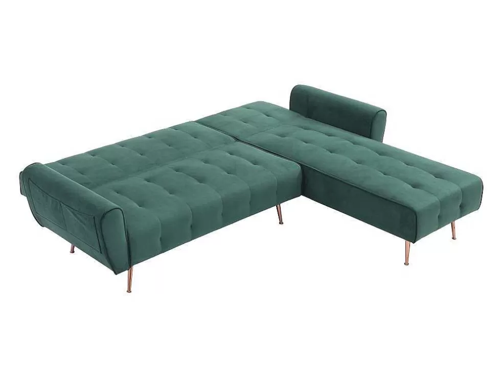 Vente-unique Sofá De Canto Convertivel E Reversivel Em Veludo Verde Pinho - Polani* Sofá Cama Clic-Clac E Dobravel