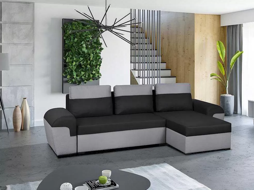 Vente-unique Sofá De Canto Convertivel Em Cama E Reversivel Em Tecido Bicolor Preto E Cinzento Claro - Gaby* Sofá De 4 Lugares
