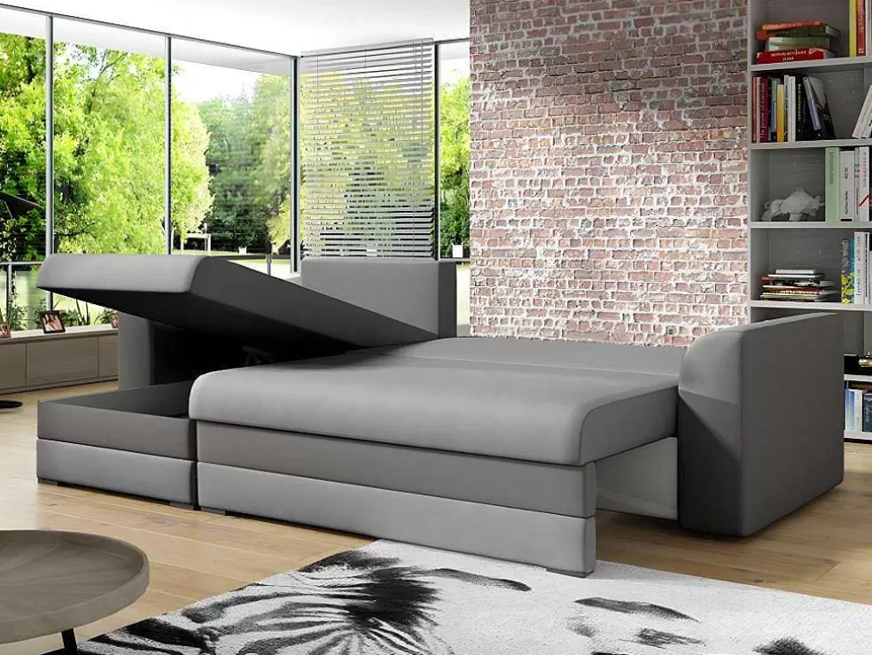 Vente-unique Sofá De Canto Convertivel Em Cama E Reversivel Em Tecido Cinzento Claro Com Faixas Em Cinzento Escuro - Giany* Sofá De 4 Lugares